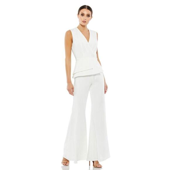 FLAWED - NWT Mac Duggal Sleeveless Faux Wrap Peplum Jumpsuit White 8 #8289 - Picture 1 of 11